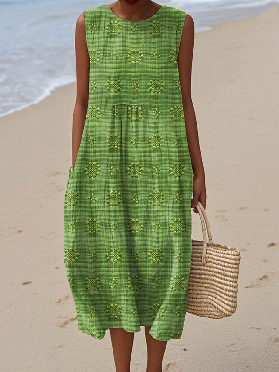Айкатерини - Елегантна памучна рокля без ръкави с джобове